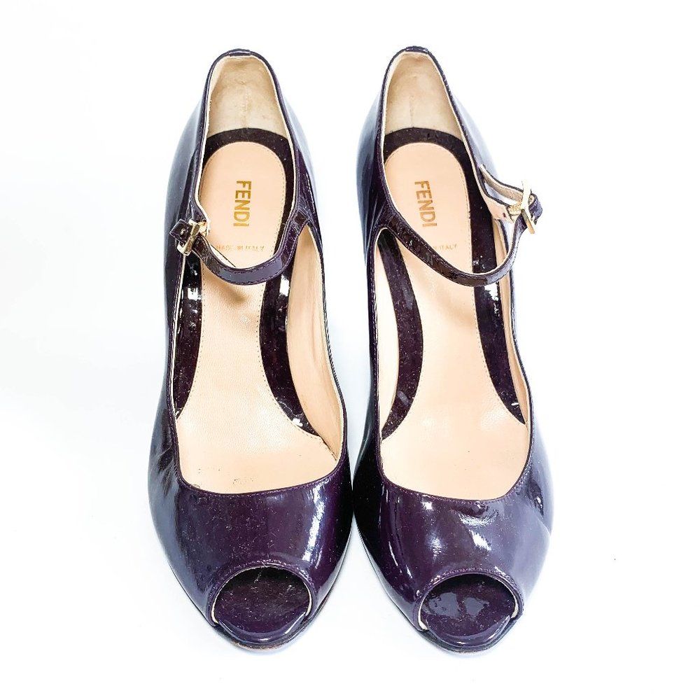 Fendi Patent Leather Peep Toe Wedges